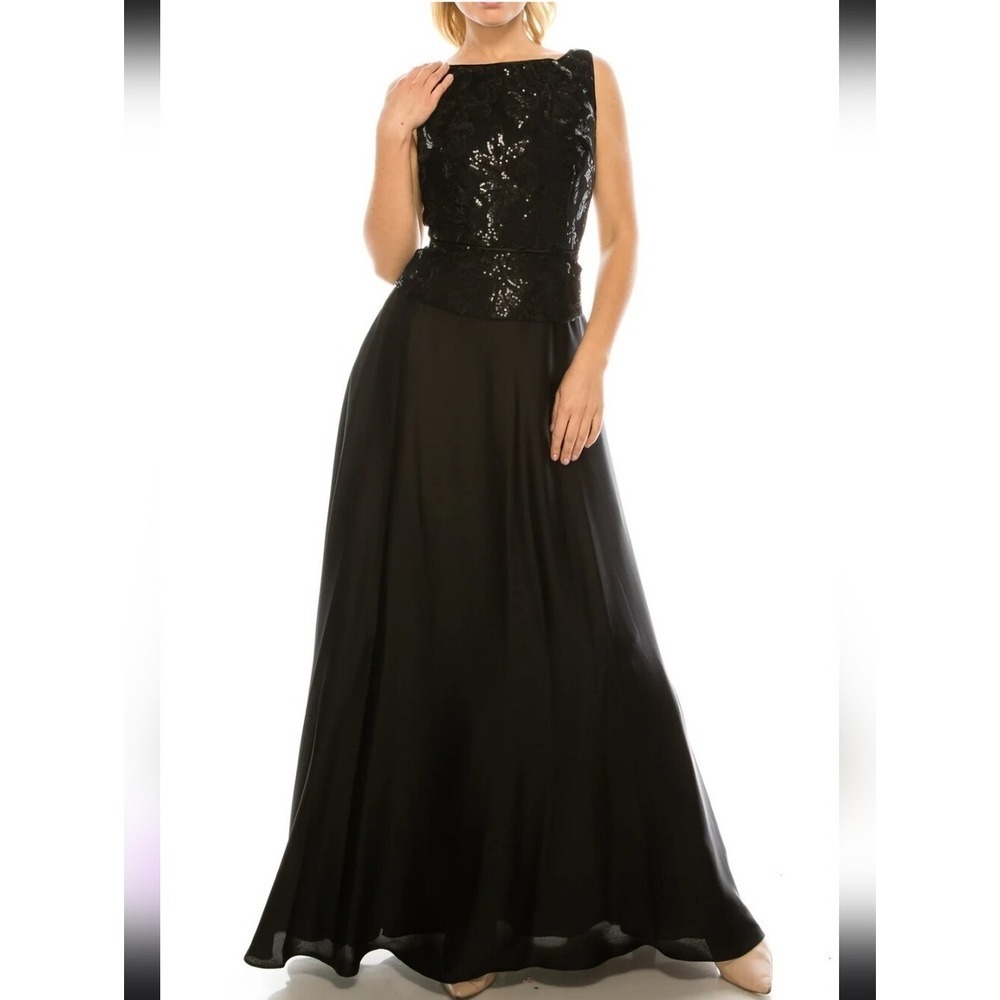 Black Sequin Bodice Sleeveless A-Line Formal Evening Gown V-Back Maxi Dress